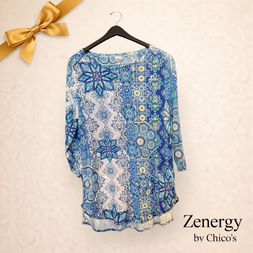 Chico’s Zenergy Blue Printed Tunic Top Size Large